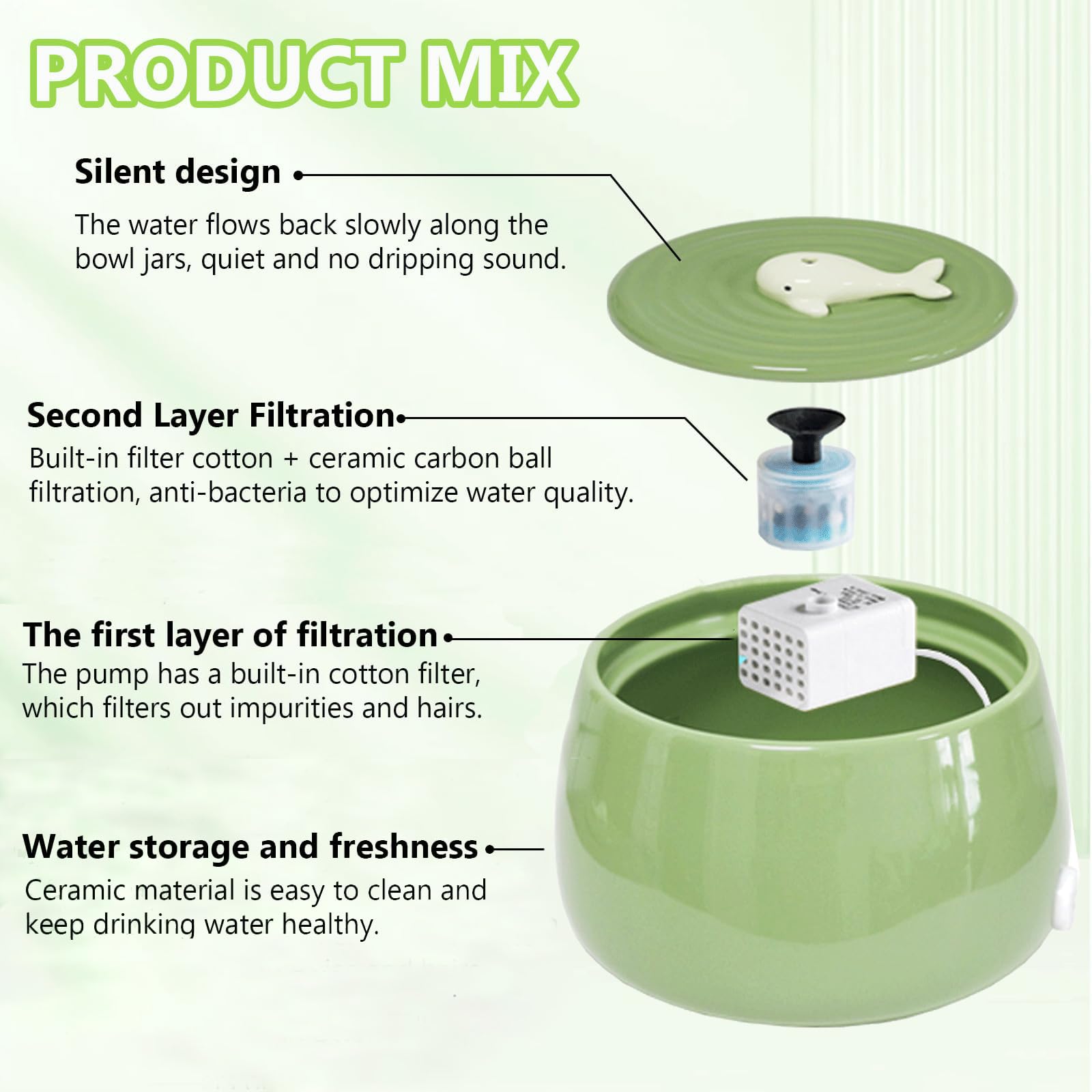 Fuente de agua de cerámica para gatos, 1.3L/45 onzas, cuencos de alimentación y bebida para mascotas, fuentes automáticas para gatos, cuenco ultra silencioso para gatos y perros, dispensador de agua