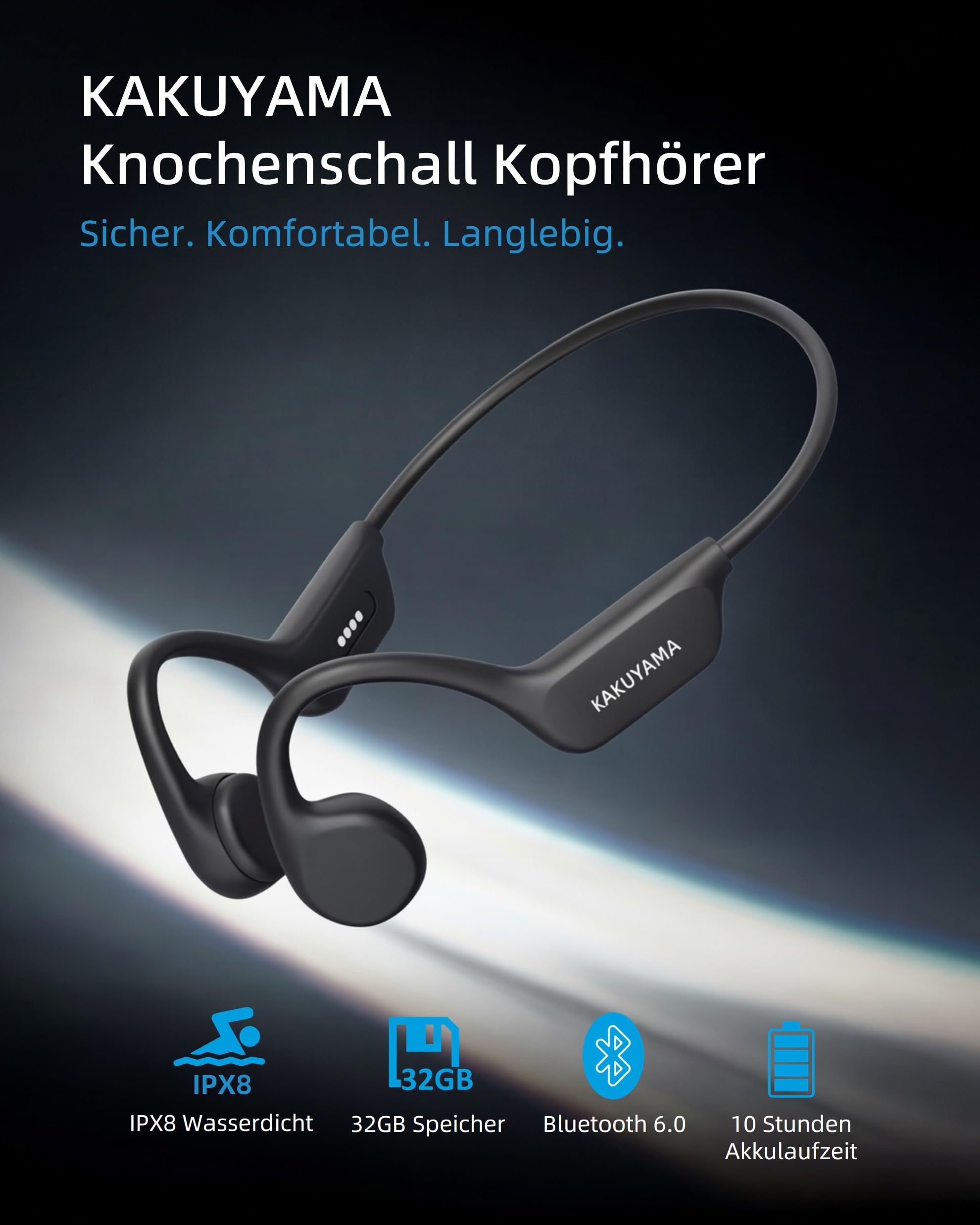 X17 Knochenschall Kopfhörer, Open-Ear Sportkopfhörer für Schwimmen & Laufen, IPX8 wasserdicht mit 32GB MP3 Player, Bluetooth 6.0, 10 Std. Spielzeit, für Radfahren & Fitness, Schwarz