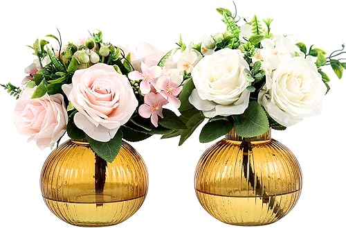 Miniatura 15 de Jarrón redondo de cristal, floreros para ramo, jarrones de vidrio acanalado para flores, pequeño jarrón transparente para sala de estar, oficina,