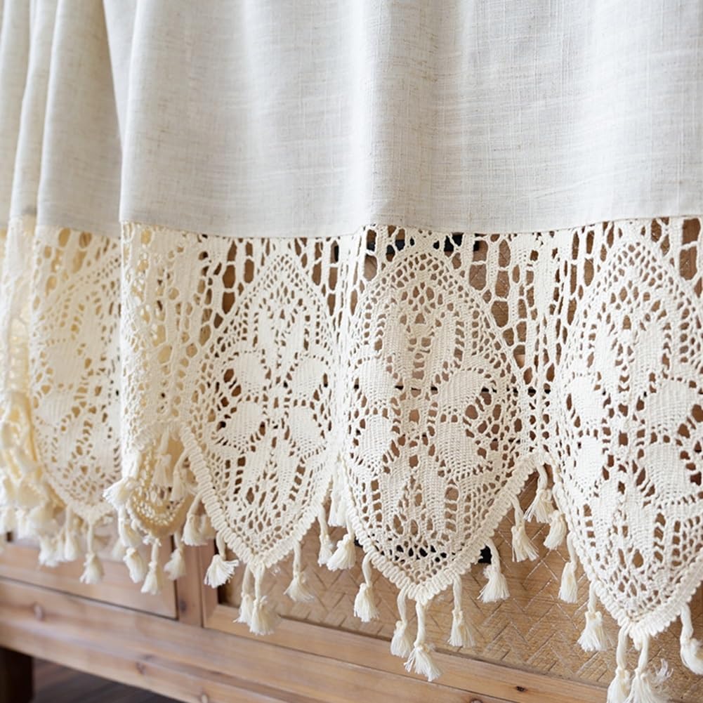 Rustic Boho Curtain Valance with Crochet Lace for Kitchen Bedroom, Rod Pocket Scalloped Edge Tassel Short Curtain