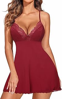 ADOME Lingerie for Women Nightgown Sexy Lingerie Chemise Lace Babydoll V-Neck Full Slip Modal Sleepwear Dress