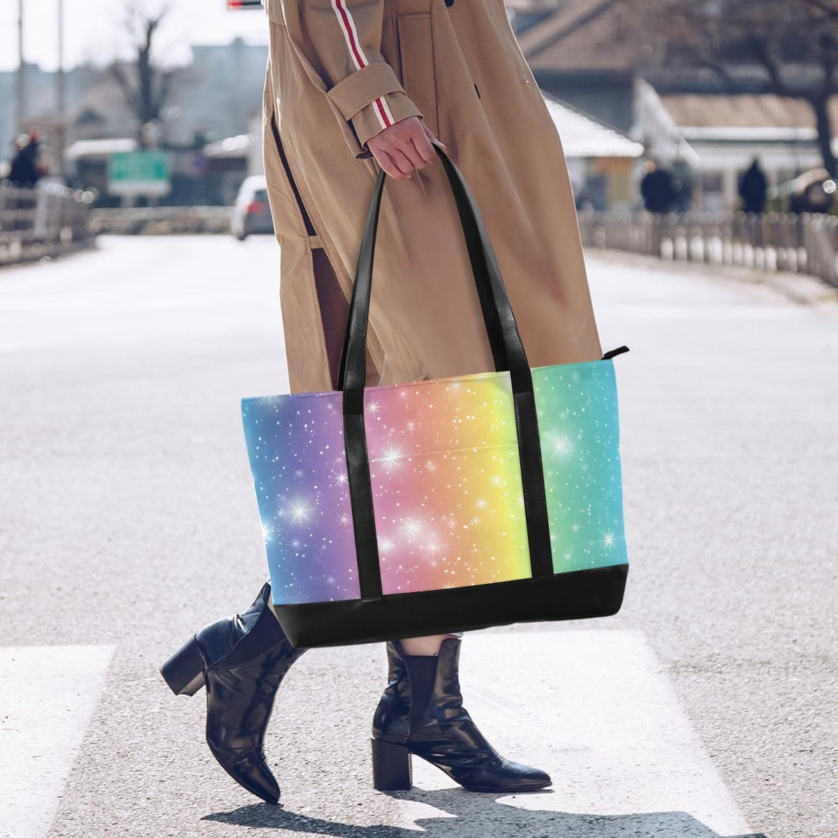 Geometric Striped Rainbow Laptop Tote Bag for Woman 15.6 inch Laptop Organizer Bag Teacher Work Purse