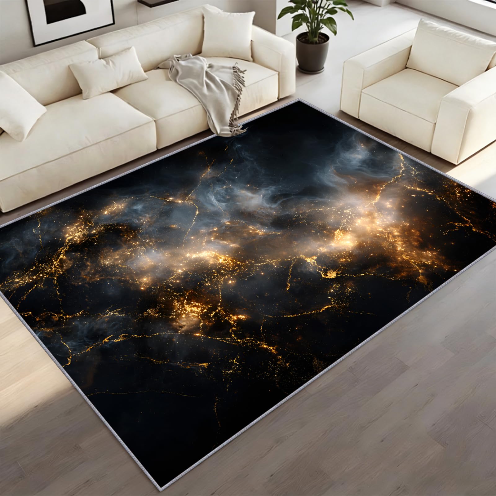 CAQDUEP Abstract Marble Rug 60x120cm Black And Gold Rugs, Contemporary Minimalist Area Rug, Luxury Crackle Carpet Non-Slip Washable Floor Mat For Living Room Bedroom