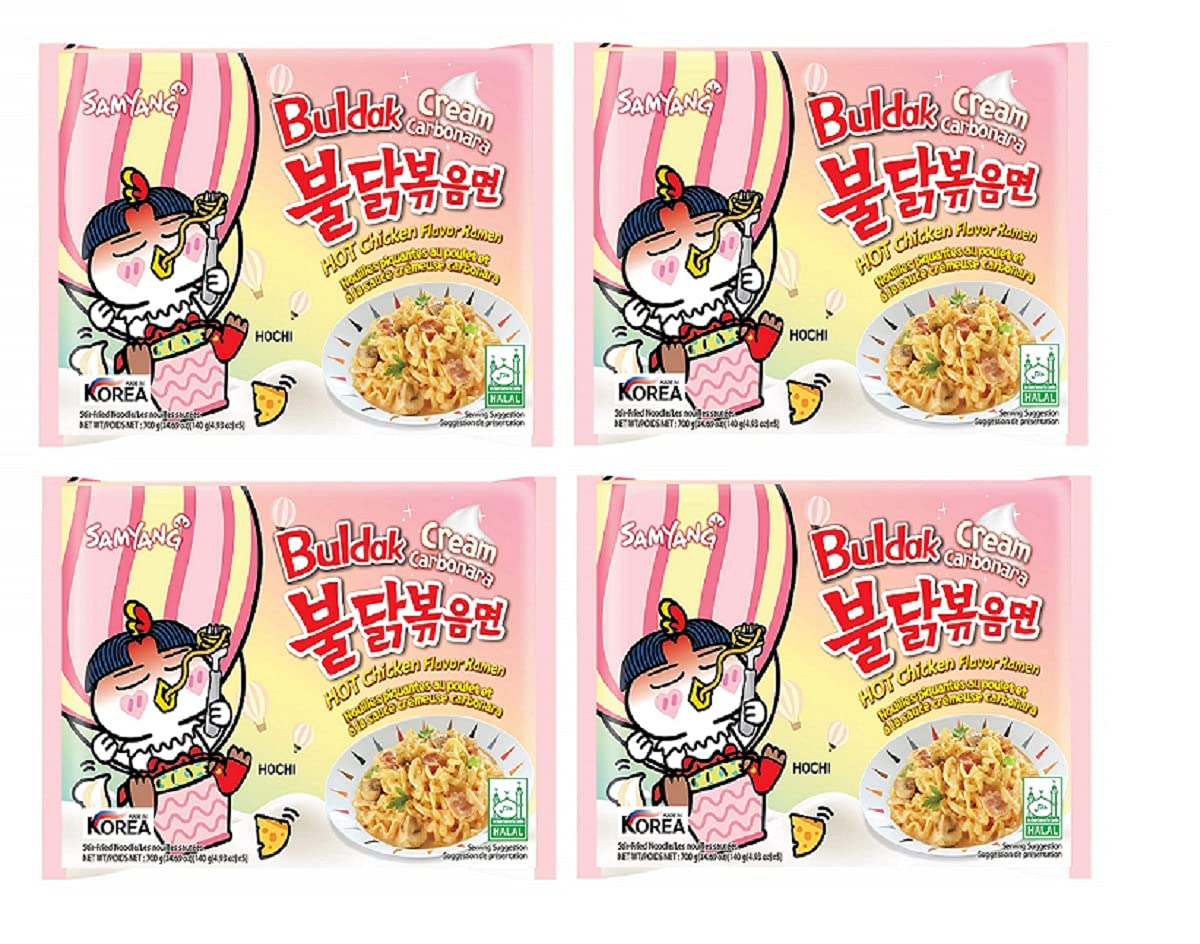 Sam Yang Buldak Cream Carbonara Hot Chiken Flavor Ramen Stir-Fried Korean Noodle 140Gm (Pack of 4) (Imported)