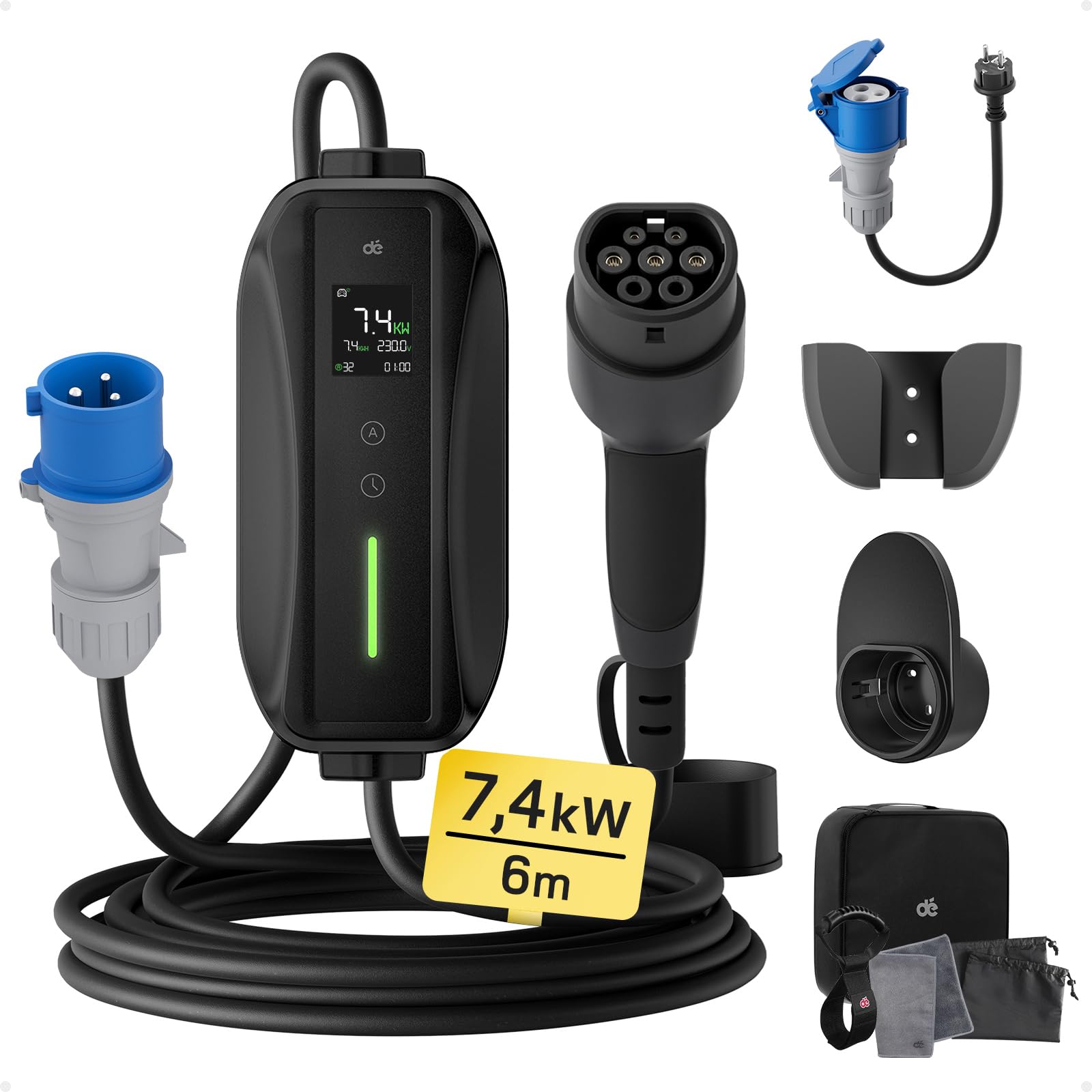 dé Chargeur Voiture Electrique P17 [7,4kW, 1-Phase, 6m, 6A/10A/16A/20A/24A/32A] dé Type 2 Prise CEE Chargeur EV Station de Charge Mobile/Wallbox avec écran Numérique