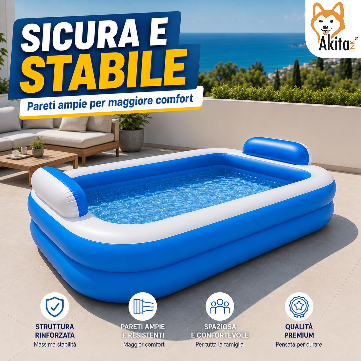 Akitaink Piscina Gonfiabile Rettangolare 200x150x50 cm con Cuscini e Fondo Gonfiabile in PVC Azzurro/Bianco per Bambini dai 3 Anni in Su