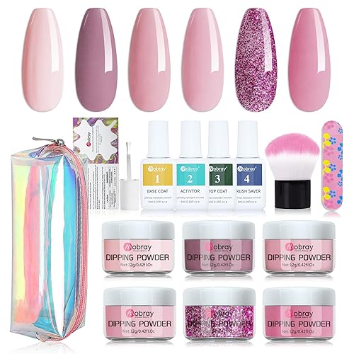 Mobray Kit de 13 piezas de polvo de inmersión para uñas, 6 colores blanco, gris, purpurina rosa, kit de polvo de inmersión para uñas con capa