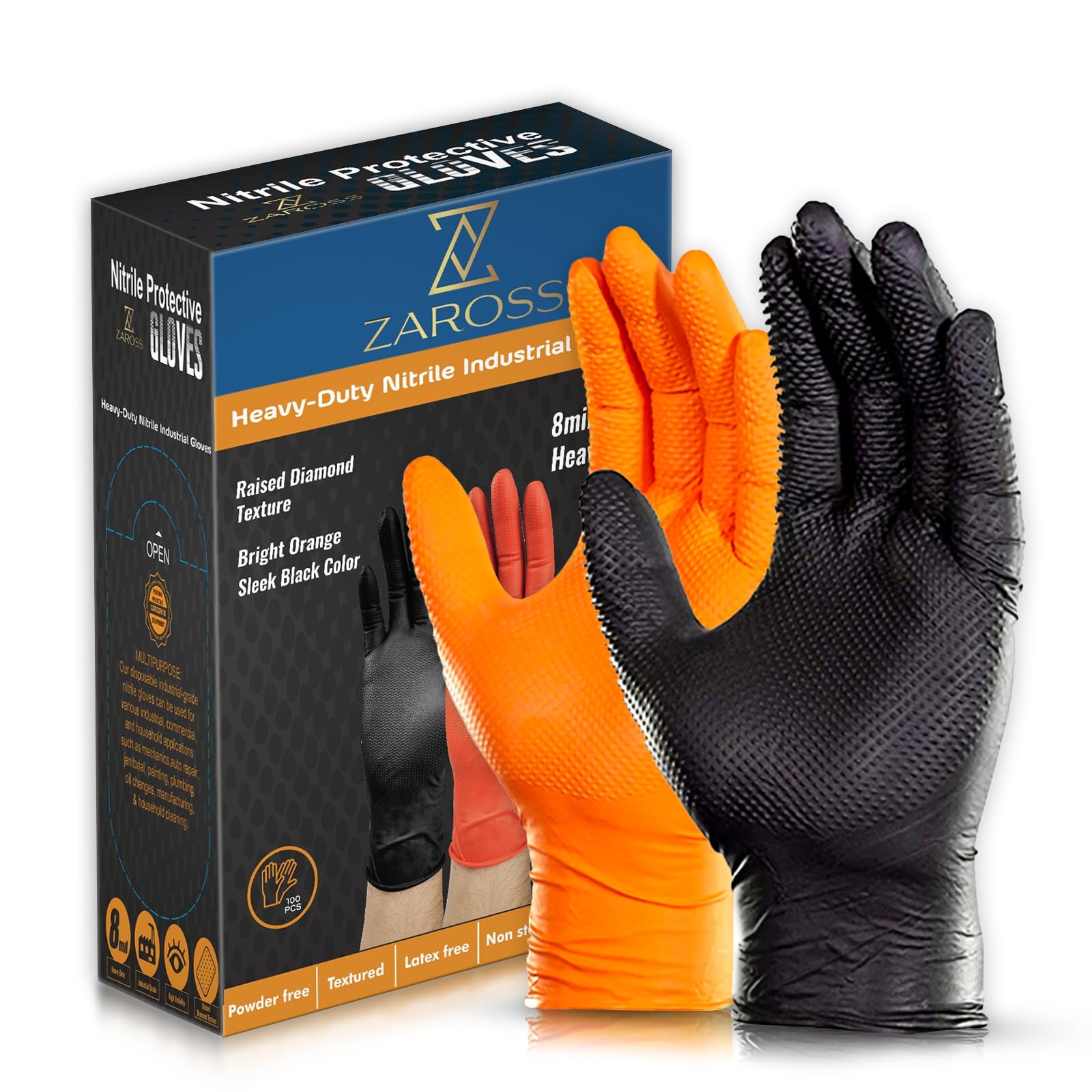 Guantes de Nitrilo 100uds, Textura Diamante,50Negros y 50Naranjas, Talla L, Guantes Nitrilo, Guantes Mecanica, Taller, Industria, Construcción, Montaje., 2colores/caja,Resistentes, Sin Latex,