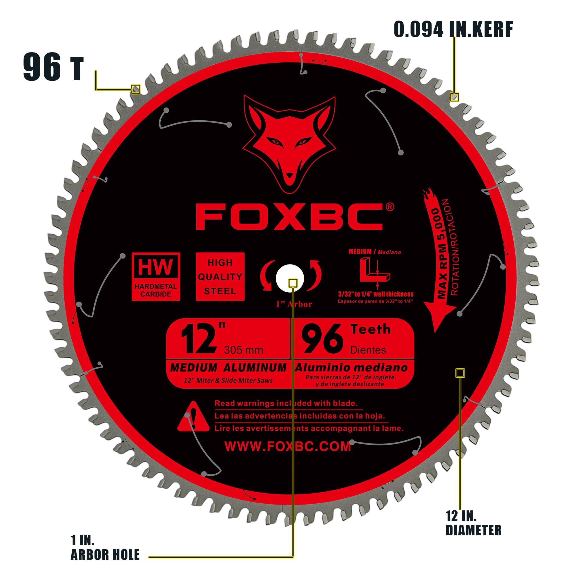 FOXBC 12 Inch Saw Blade 96-Tooth TCG for Aluminum Non-Ferrous