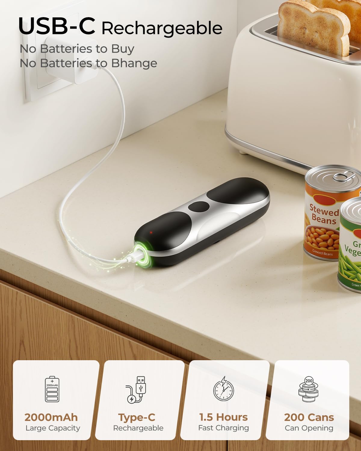 Ouvre-boîte électrique rechargeable pour personnes âgées souffrant d'arthrite - Fonctionnement automatique à une touche - Avec bord lisse - Pour petites ou grandes boîtes