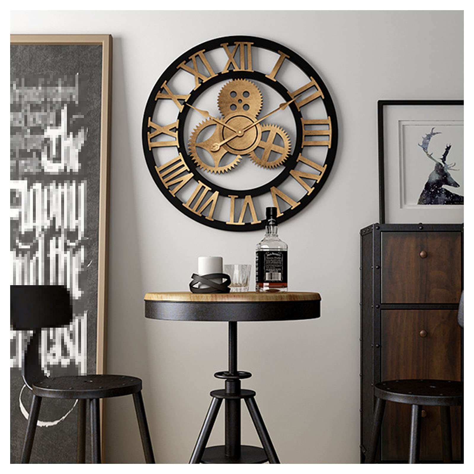 Cichy Zegar ścienny Z Cyframi Rzymskimi, Duży Zegar Bez Tykania, Dekoracyjny Zegar W Stylu Vintage, Wykonany Z Litego Drewna (Black gold 45 cm)