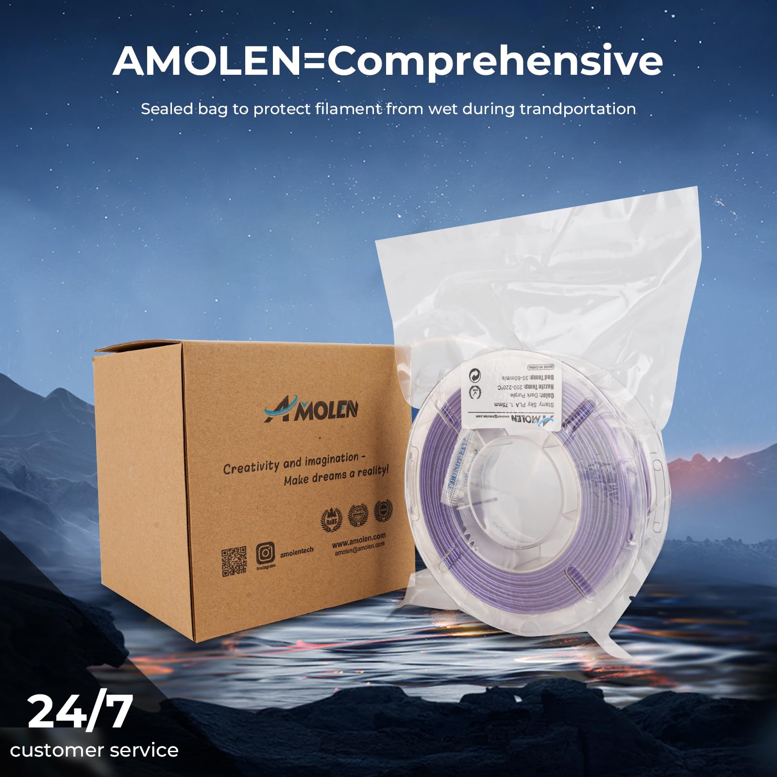AMOLEN Filamento PLA para impresora 3D, filamento de impresión PLA serie cielo estrellado Pla de 1.75 mm, cielo estrellado morado oscuro/verde/azul/rojo morado, paquete de 4 x 200 g