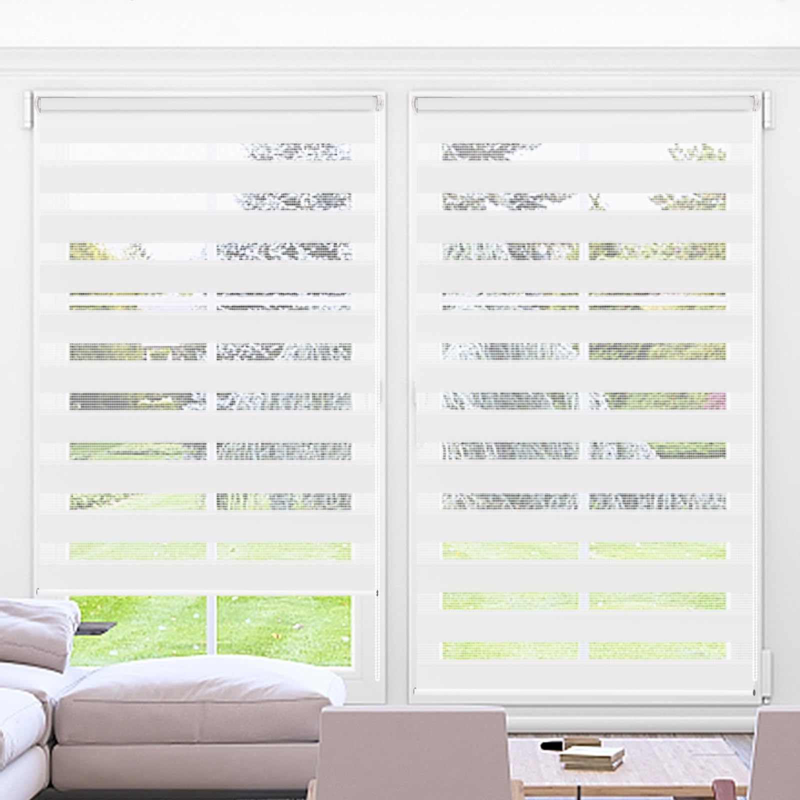 Kokorona Day and Night Blinds Zebra Roller Blinds for Windows, Dual Layer Fabric Zebra Blinds for Doors, Light Filtering Privacy Day Night Shades, 90cm Wide x 230cm Drop, White