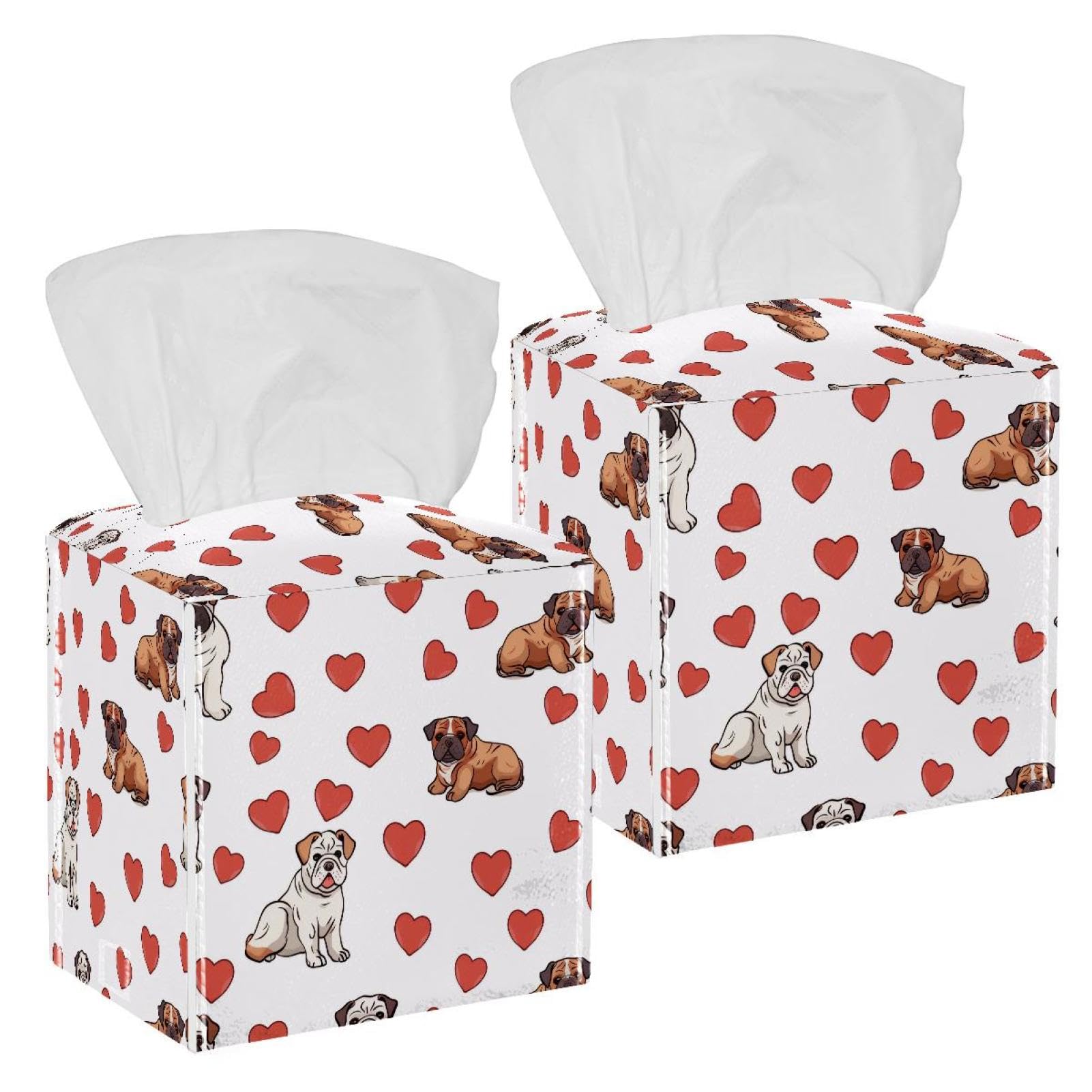 Bulldogs Red Hearts Tissue Box Cover, 2 Pack PU Leather Square Facial Tissue Dispenser Box holder for Home Office Car