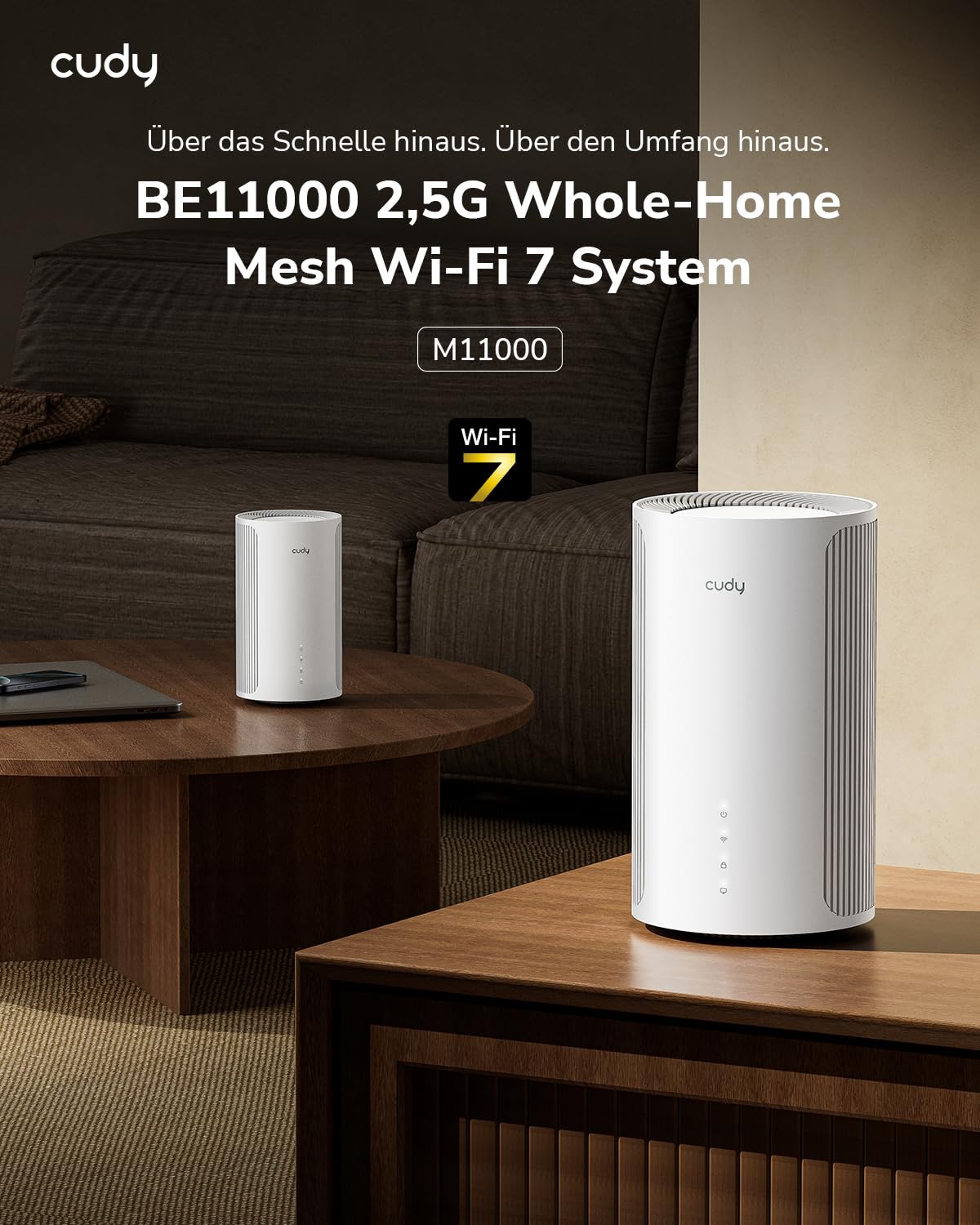 Cudy Tri-Band WiFi 7 BE11000 Mesh-System für das ganze Haus, 6-Stream 10 Gbps, 4×2,5G Ports, MU-MIMO, Multi-VPN, Cudy APP, intelligente interne Antenne, M11000 2er-Packung