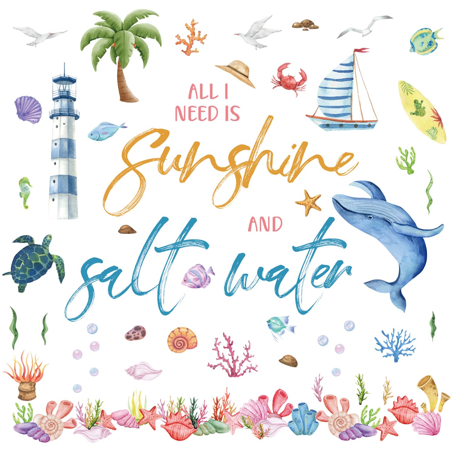 KAIRNE Sunshine Salt Water Ocean Lighthouse Whale Peel Stick Wall Decals