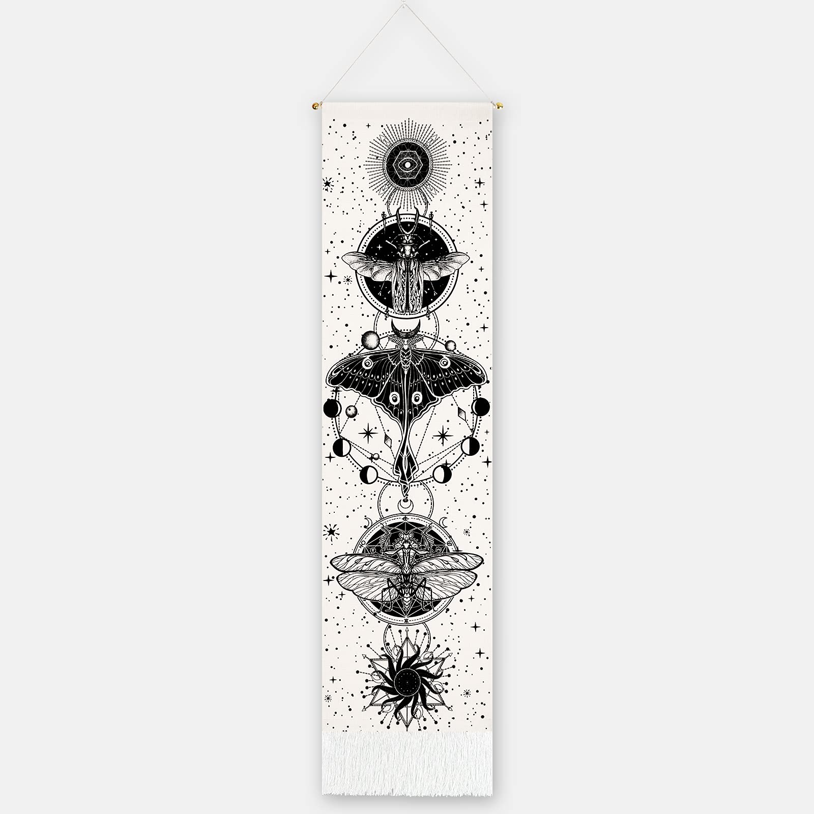 Butterfly Tapestry Moon Phase Tapestry Vertical Moth Tapestry Black and White Tapestry Sun Moon and Stars Tapestry Wall Hanging for Room(White, 12.8 x 51.2 inches)