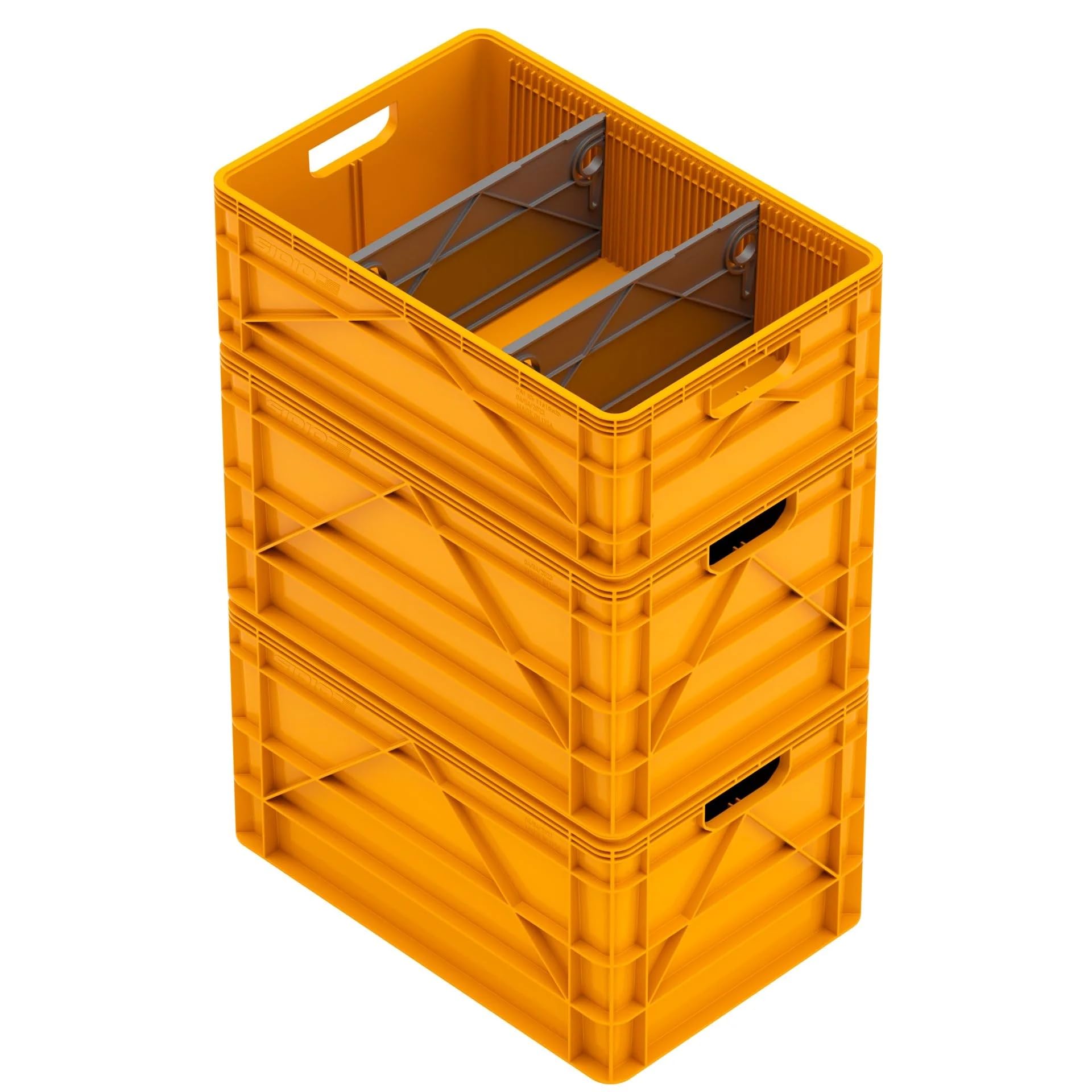 SIDIO Crate Basic Pack – 2 contenedores apilables de tamaño completo y 1 medio tamaño resistente, contenedores con divisores – Organizador de plástico duradero para el hogar, oficina, garaje y uso al
