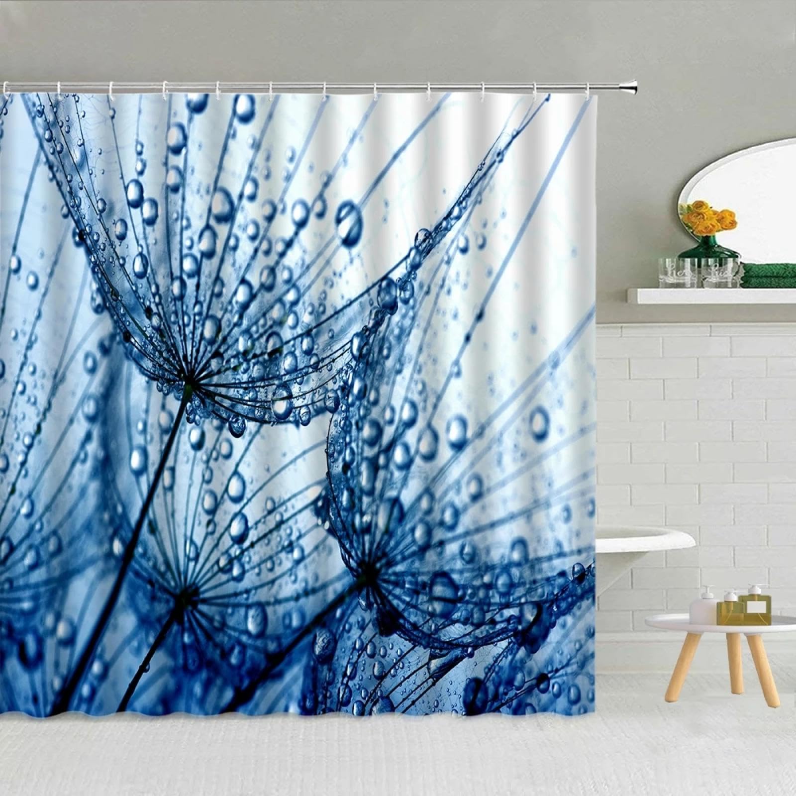 ZXBNNN Plant Dandelion Shower Curtain Water Drops Flower Fabric Bathroom Supplies Hanging Curtains Printing Home Decoration Washable 180x195cm(70.87x76.77in)