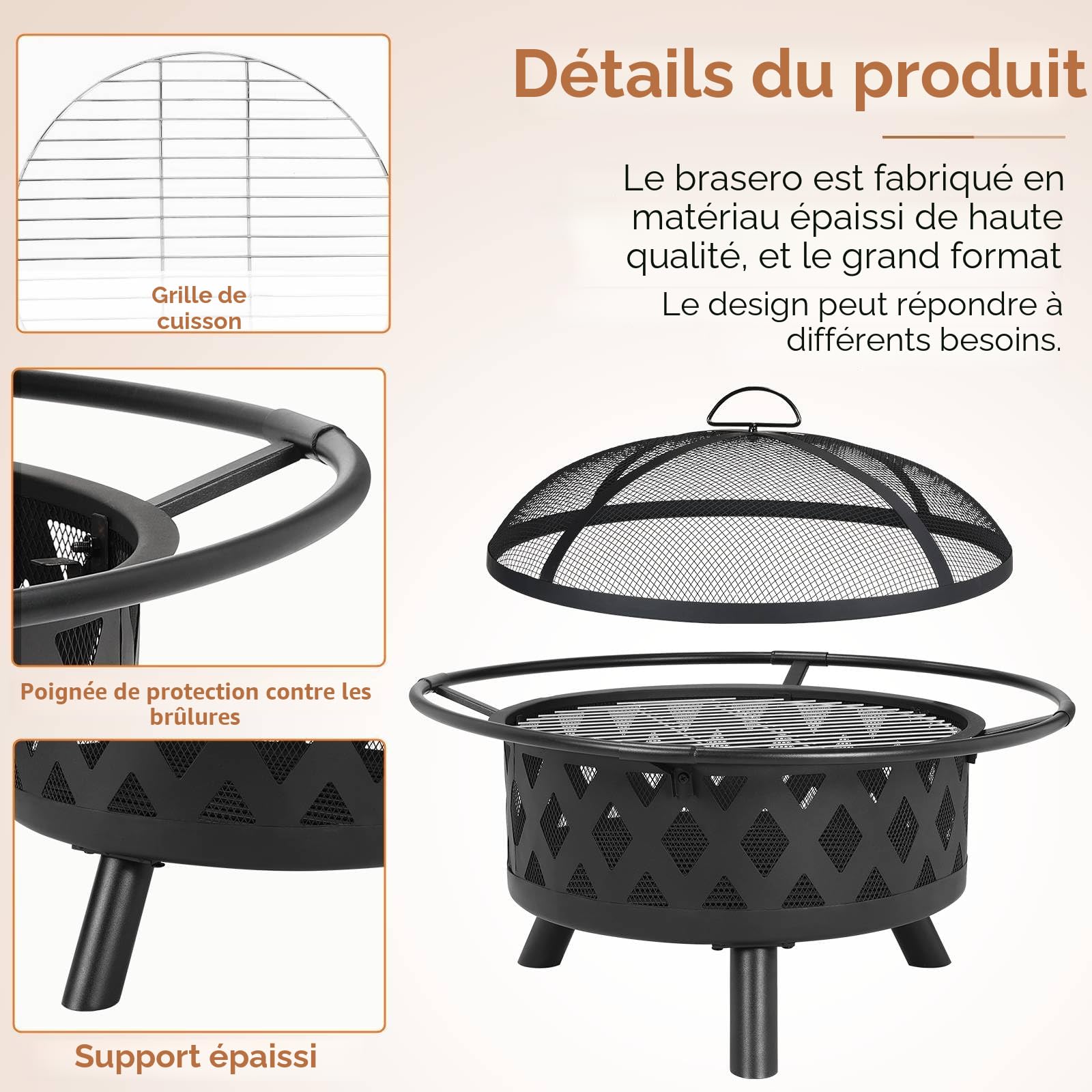 TLSUNNY Brasero de Jardin, Ø 76 cm Brasero Exterieur Terrasse, avec Grille, Protection Étincelles & Tisonnier, 3PCS Pieds, Multifonctionnel, Noir, pour Le Barbecue et Le Chauffage