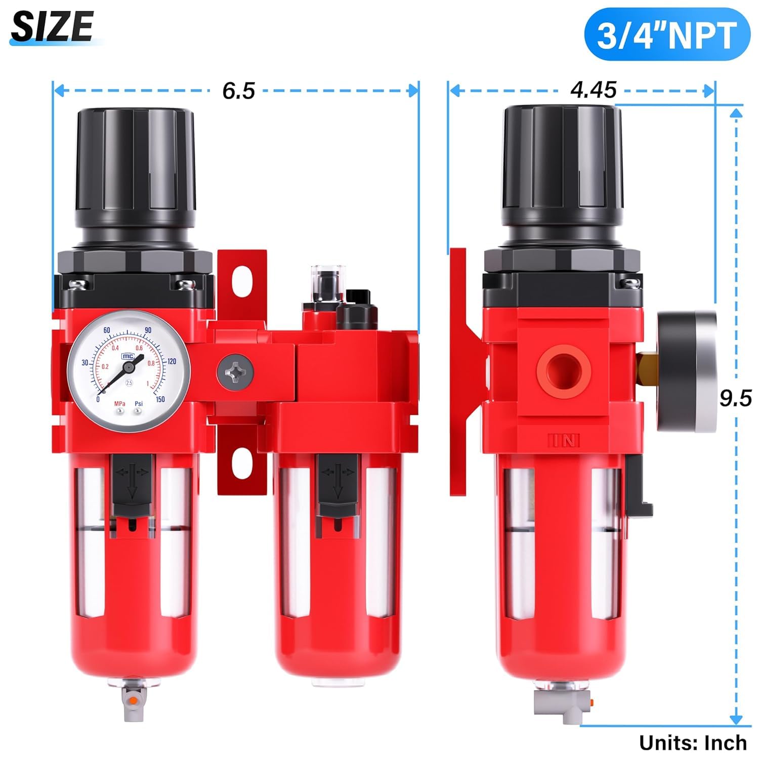 TAILONZ NEUMATIC - Filtro de aire NPT regulador de presión de 3/4 pulgadas (0-150 PSI), filtro de compresor de herramientas de aire con calibre AC4010-06M (drenaje manual)
