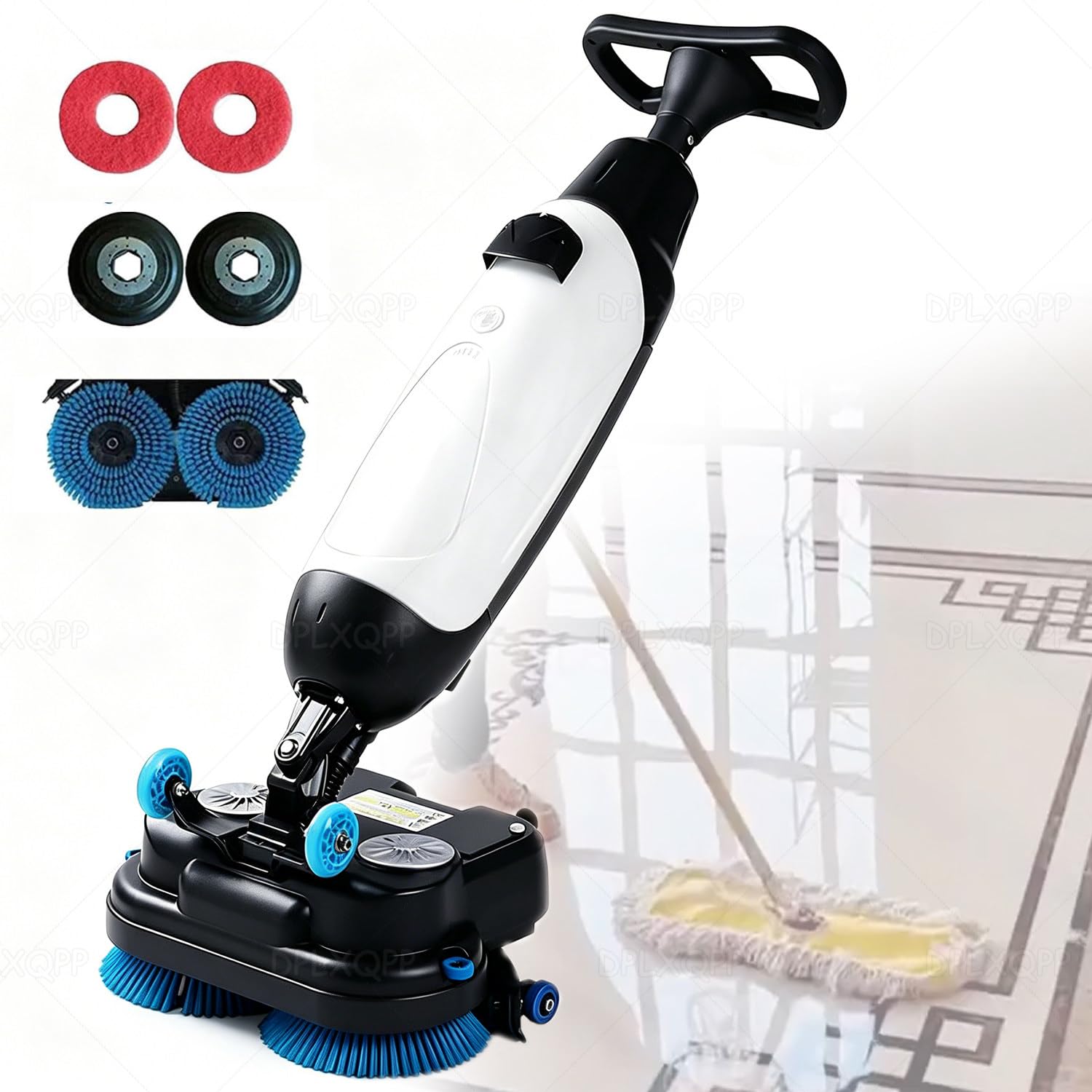 DPLXQPP Cordless Floor Scrubber with 90-120min Runtime,250w*2 Brushless Motors Automatic Floor Scrubber,Walk-Behind Tile Floor Cleaner Lightweight 40lbs for Villa Office Restaurant White