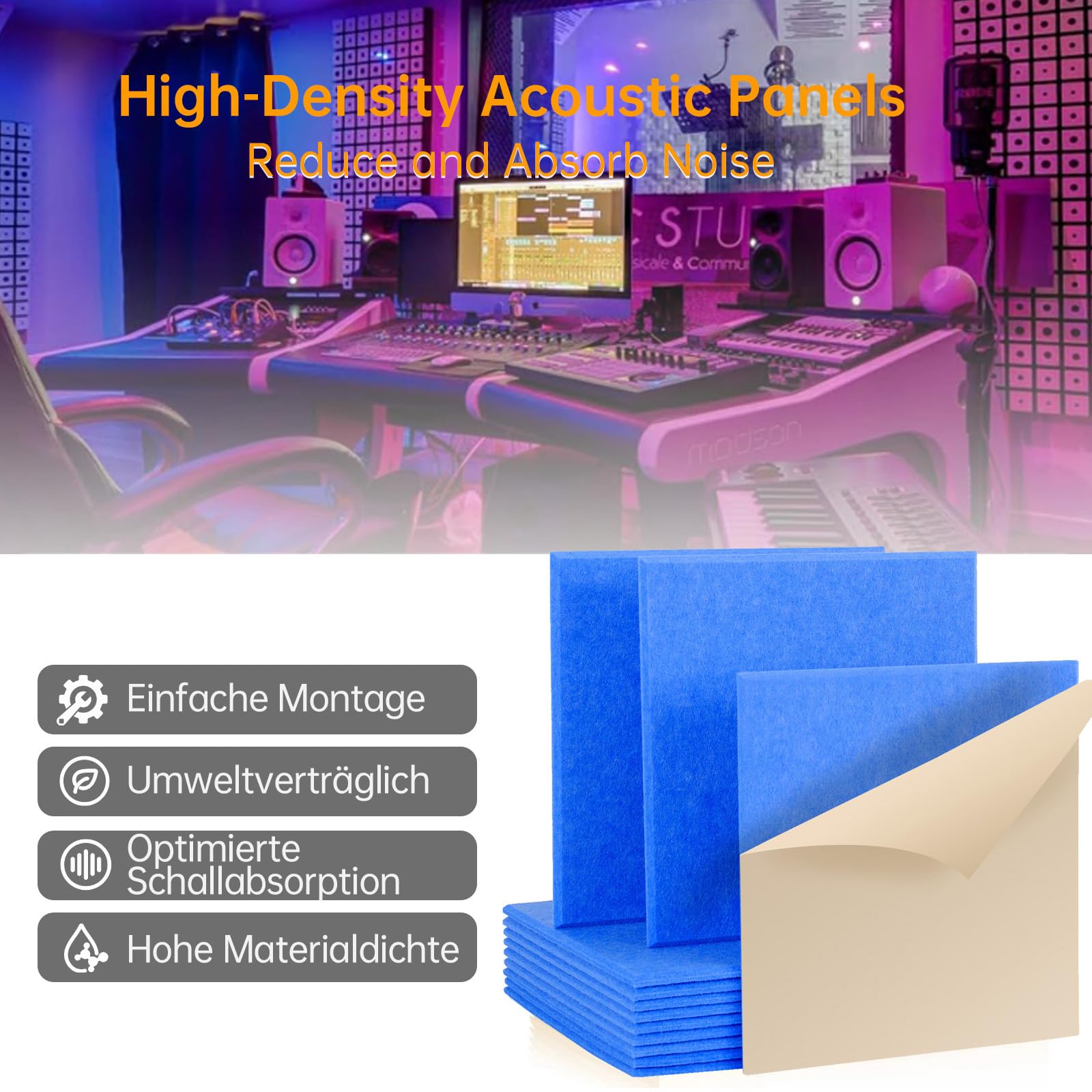 12 Pezzi Pannelli Fonoassorbenti Adesivi,30 x 26 x 1cm Acustici Autoadesivi, Pannello Fonoassorbente per Studio, Ufficio, Trattamento Acustico E decorazione da Parete,Blu