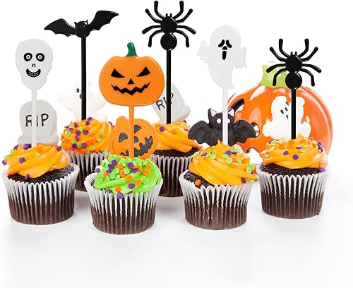 50 piezas de plástico para cupcakes de Halloween, palillos de dientes, calabaza, araña, murciélago, cráneo, decoración de pasteles, decoración de