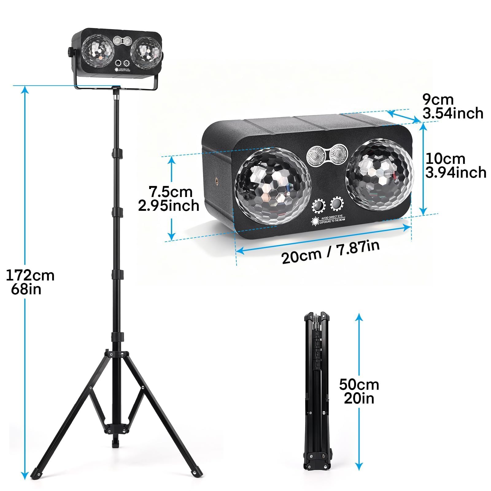 Lumières Disco 6 en 1 avec Trépied, Jeu de Lumière Disco avec 2 Boules Disco Lumière DJ RGB Activée par Musique, Effet Stroboscopique, Lampe de Scène pour Fête, Mariage, Soirée DJ, Noël et Halloween
