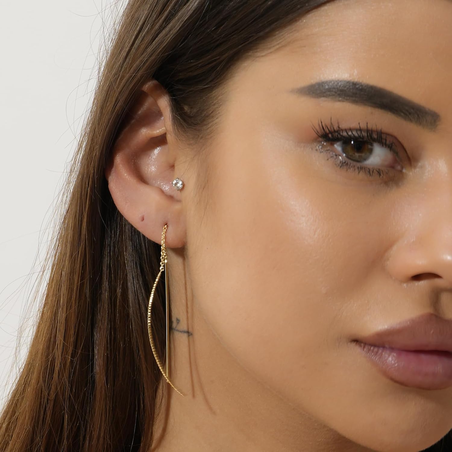 NOKMIT Threader Earrings for Women 14K Gold Tone Long Lightweight Dangle Drop Earrings Dainty Curved Bar Thin Chain Threads Hypoallergenic Jewelry Gifts - Image 4