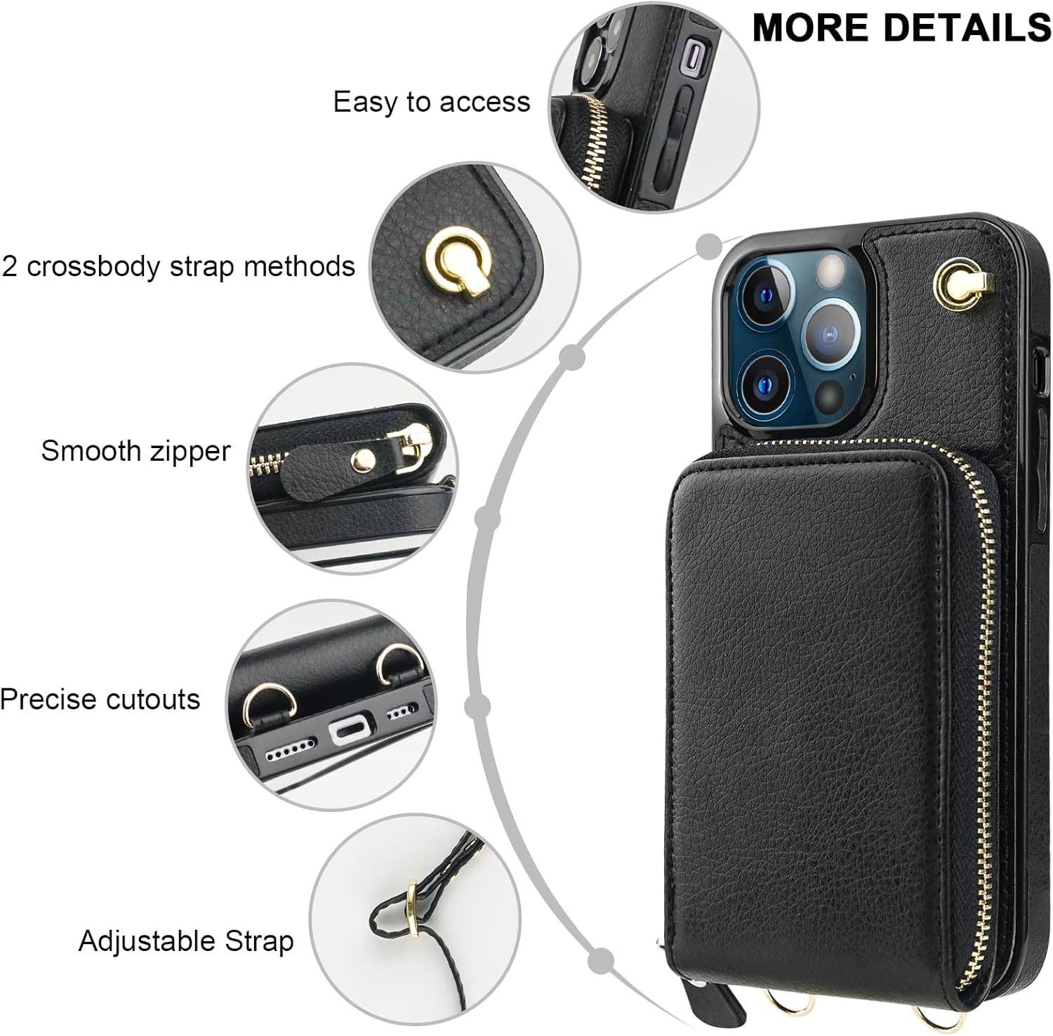 KIHUWEY Crossbody Wallet Case for iPhone 13 Pro Max, Zipper Pocket Case with Card Holder, PU Leather Protective Cover with Kickstand Detachable Wrist Strap Lanyard 6.7" (Black)