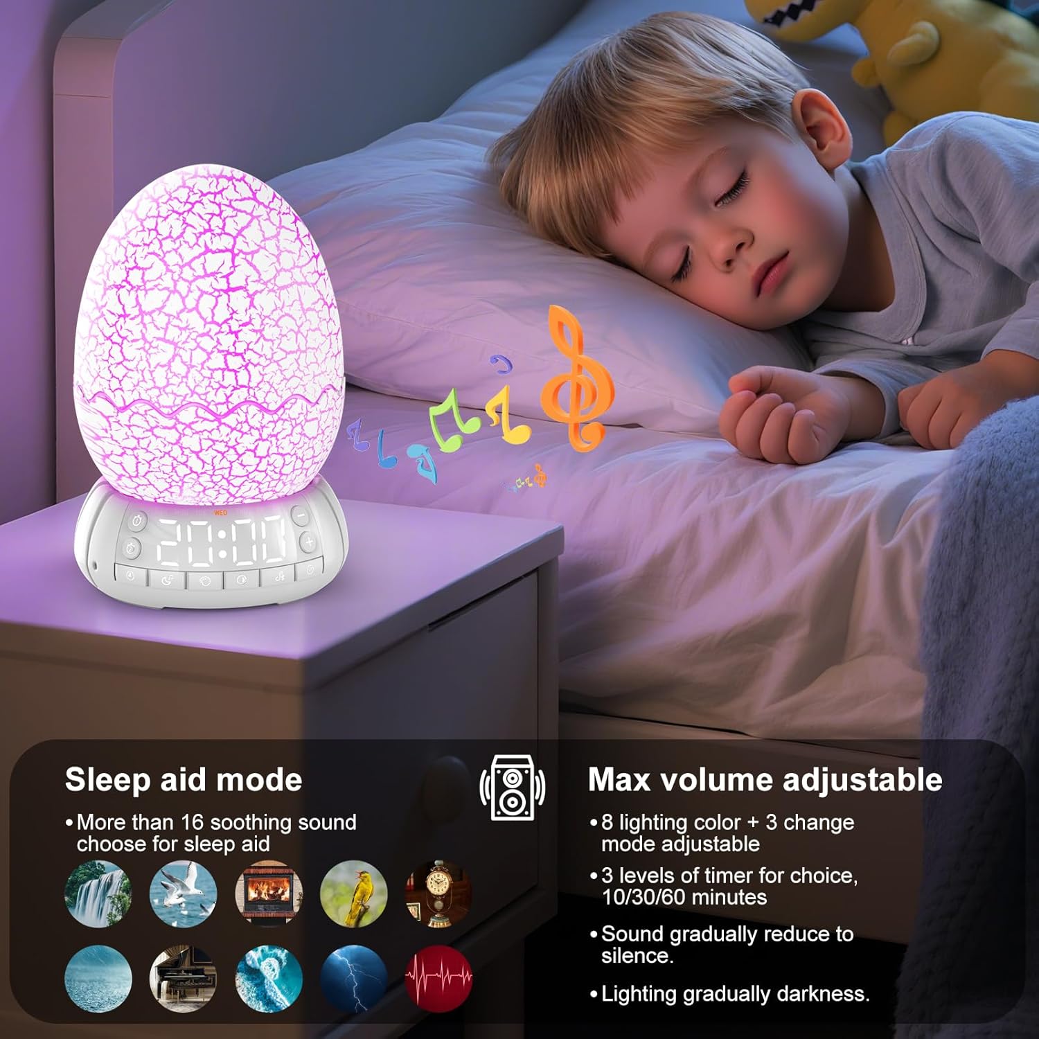 Multifunction Alarm Clock with Sunrise Simulation Dragon Egg lamp, Portable Touch Control Egg Night Light, 20 Soothing Sounds & Bluetooth Speaker, Timer Sleep Aid, Unique Gift/Decor