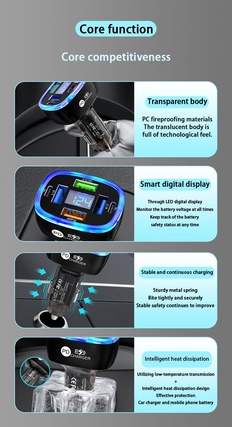 Cargador de coche USB C de 130 W, compatible con cargador de coche de carga rápida 4 en 1, encendedor de cigarrillos multipuerto USB
