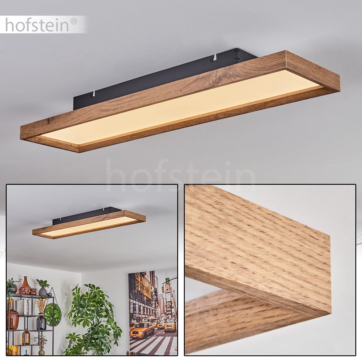 Plafón LED Longvic, moderno plafón de metal/MDF/plástico en negro/madera/blanco, longitud 80 cm, 24 vatios, 2650 lúmenes, 3000 Kelvin