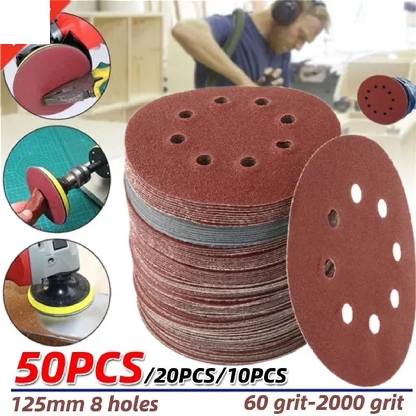 Disco de Lija Disco de Pulido abrasivo de Metal for carpintería, Papel de Lija de 8 Agujeros y 125mm, Herramienta de Pulido, Discos de Lijado de Grano 40/1000/2000(50pcs,120 Grit)