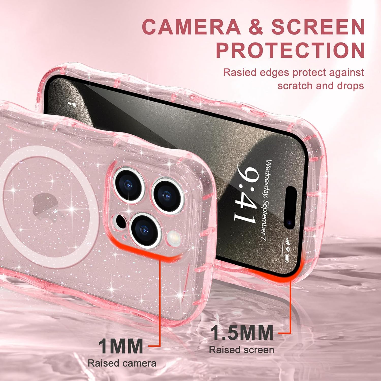 Magnetic for iPhone 15 Pro Case Clear, Sparkly Bling Glitter Cute Curly Wave Transparent Cover for Women Men Compatible with MagSafe Shockproof Protective Phone Case for iPhone 15 Pro, Pink - Image 4