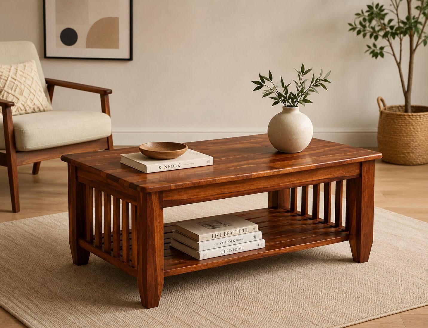 Wooden Center Coffee Table with Storage | Solid Sheesham Wood Centre Table for Living Room, Drawing Room & Office | Honey Finish-image-36