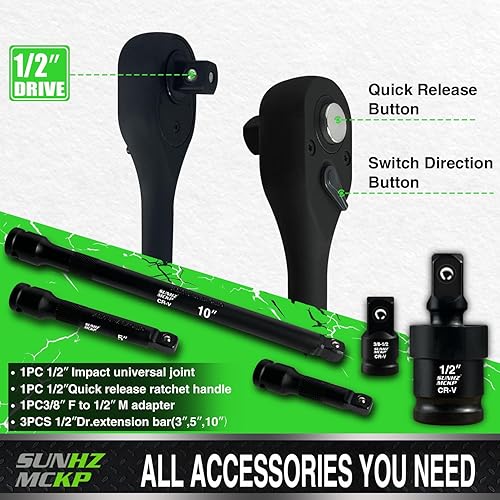 Miniatura 4 de SUNHZMCKP Juego de llaves de impacto de 12 pulgada, 66 piezas SAE estándar (38"-1-14") y métricas (0.315-0.945 in), kit de enchufes poco