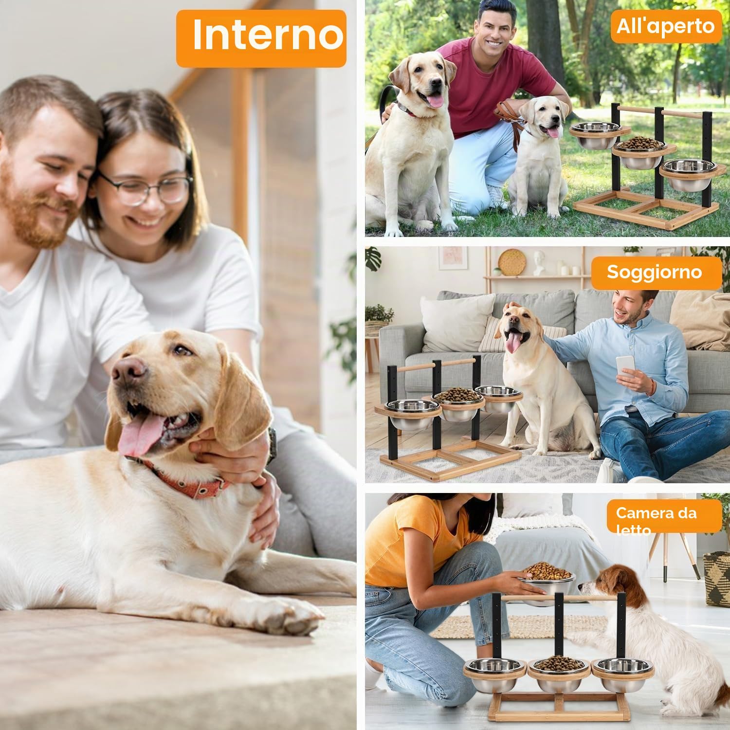Ciotola per cani rialzata, 5 altezze regolabili con 3 ciotole in acciaio inox da 1400 ml e legno rialzato per cani di taglia grande