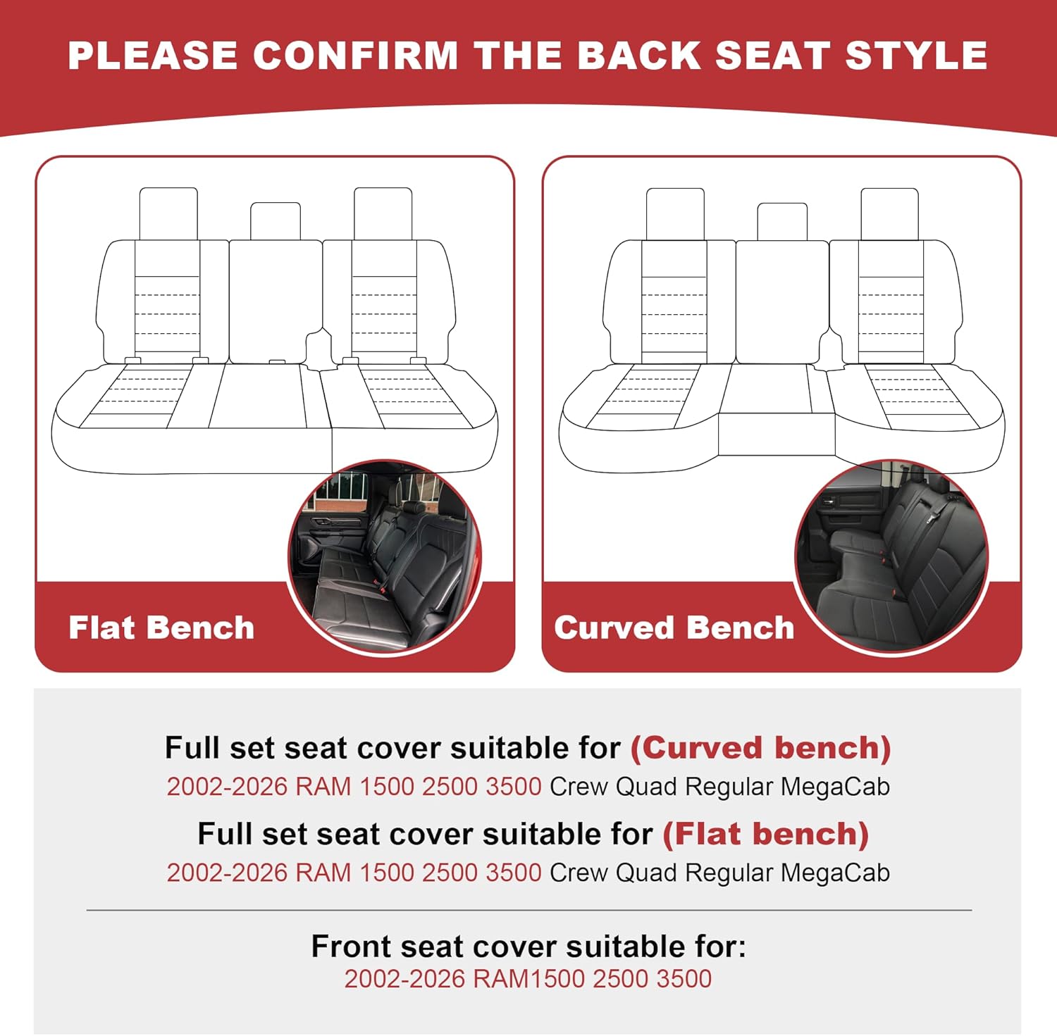 TTX for Dodge RAM 1500 2500 3500 2012-2025 2026 Seat Covers - Waterproof Faux Leather Seat Cushion Cover and Flat Bench(Full Set/Black&Light Grey)