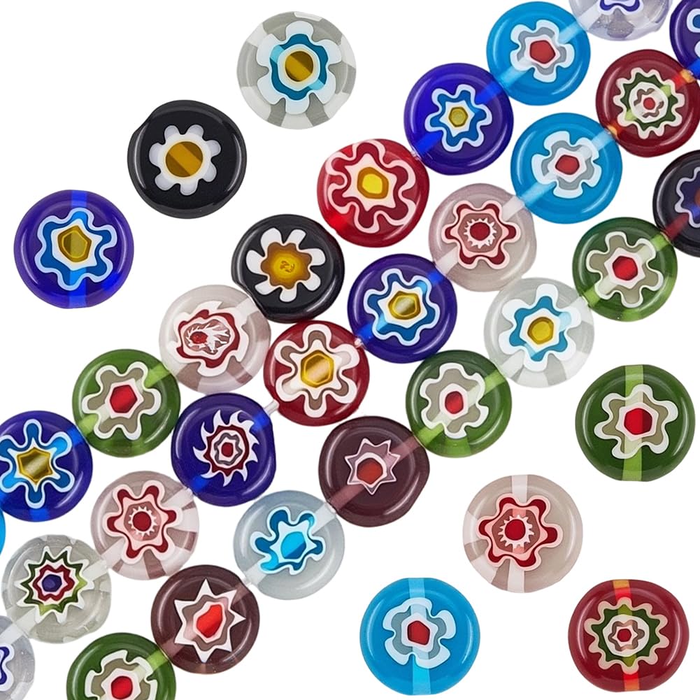 PONABEADIY 1 Box 3 Strands 10MM Millefiori Lampwork Glass Beads with Hole Handmade Flower Flat Round Colourful Floral Charms Loose Spacer Bead for Jewellery Making Diy Bracelets Necklaces Craft Supply