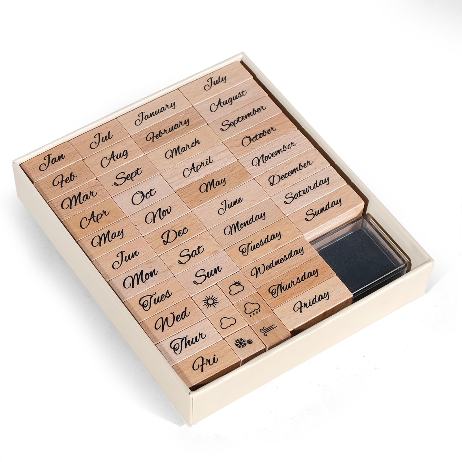 CraftyManor 44 PCS Small Month Week Stamps and Ink Pad for Crafting, Clay Weather Wooden Rubber Stamp Kit, DIY Craft Scrapbook Supplies for Card Making (Month&Week -44PCS)