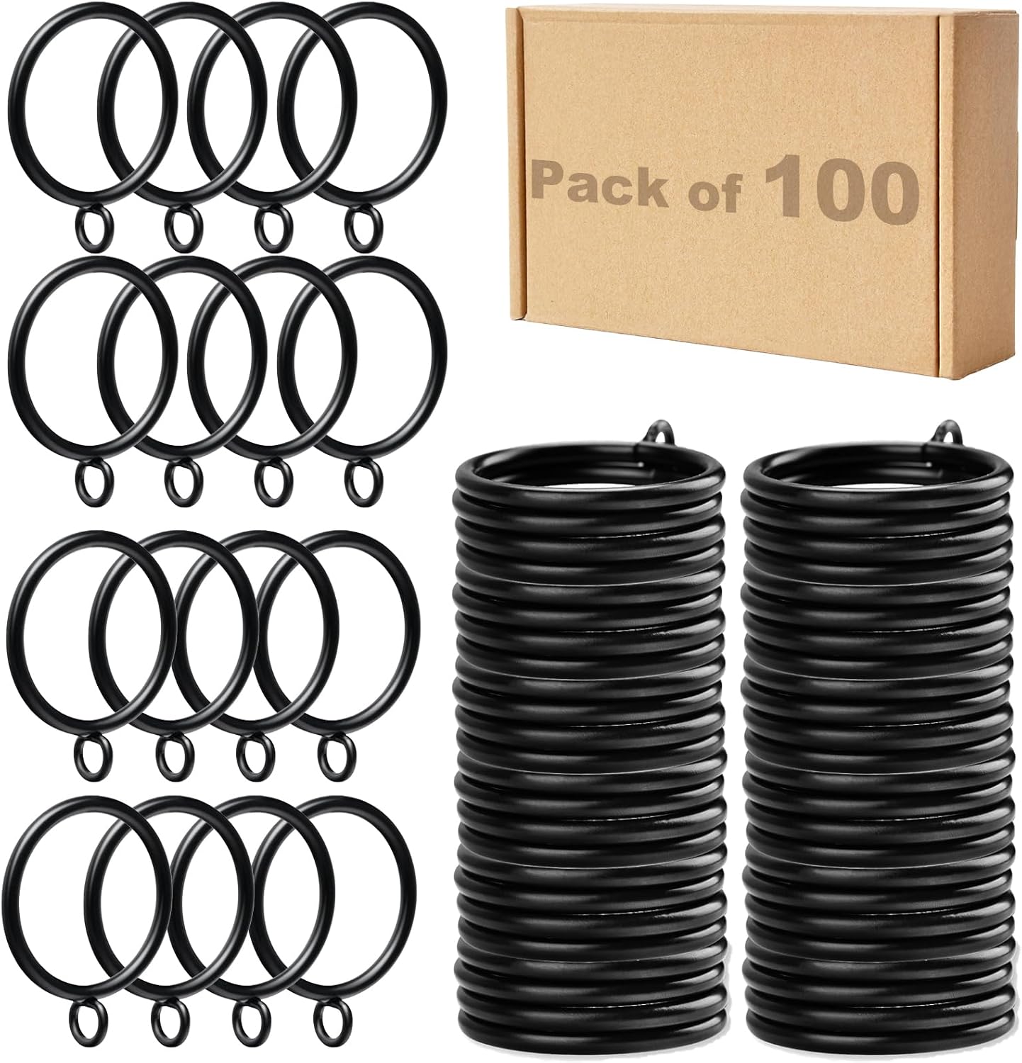 Curtain Rings Bulk 100Pack Black Curtain Ring with Eyelets, 1.5 inch Inner Diameter Drapery Metal Rings Apply for Curtain Rods(Fits Up to 1.25-Inch Curtain Rods)