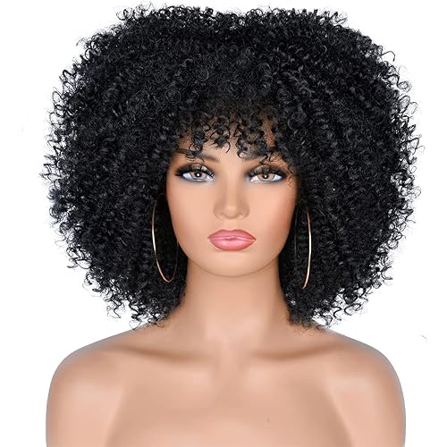 ANNISOUL 10Inch Short Curly Afro Wigs for Black Women Bomb Afro Kinky Curly Wig with Bangs Synthetic Fiber Full Wig(Black)