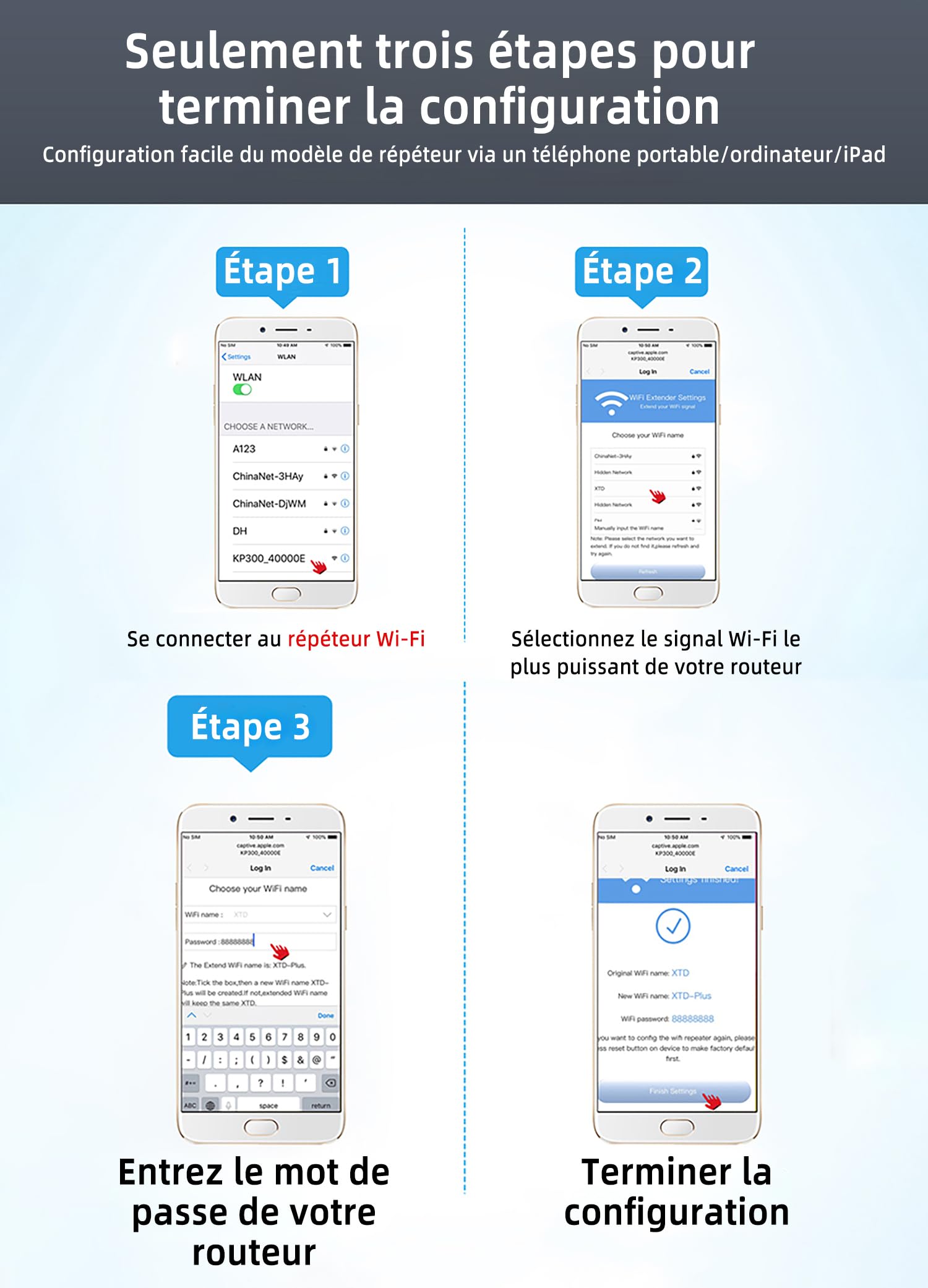 Répéteur WiFi Puissant 300Mbps, 2.4GHz Amplificateur WiFi avec WPS,Répéteur WiFi 4 Antennes, 1 Ports LAN, Compatible avec Toutes Les Box Internet, Jusqu'à 300m²| 50 appareils