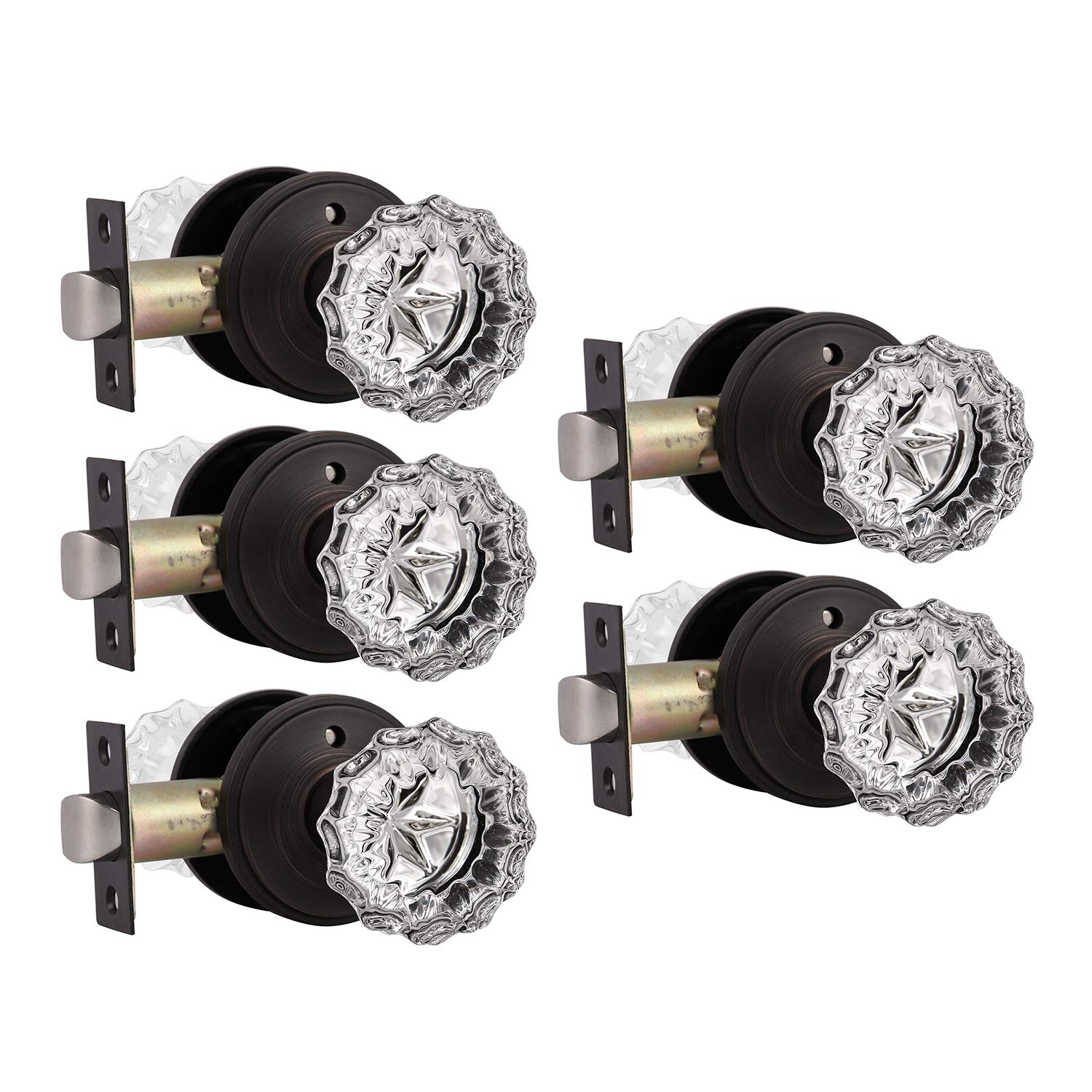 KNOBWELL5 Pack Privacy Crystal Door Knobs Interior, Clear Indoor Glass Door Knobs with Lock for Bedroom and Bathroom, Keyless Glass Door Locks in Round Oil Rubbed Bronze Plate
