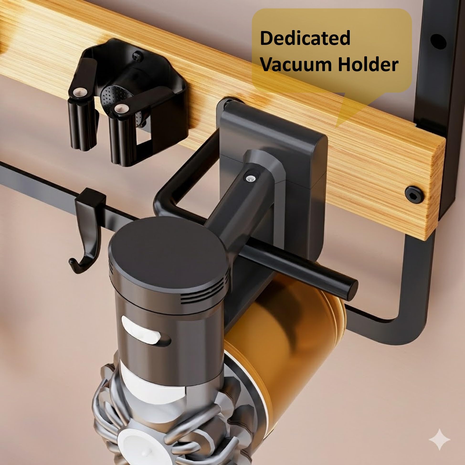 Soporte para escoba montado en la pared con estante, organizador de herramientas de limpieza de metal resistente, estante de almacenamiento al vacío con ganchos para cocina, baño, lavadero