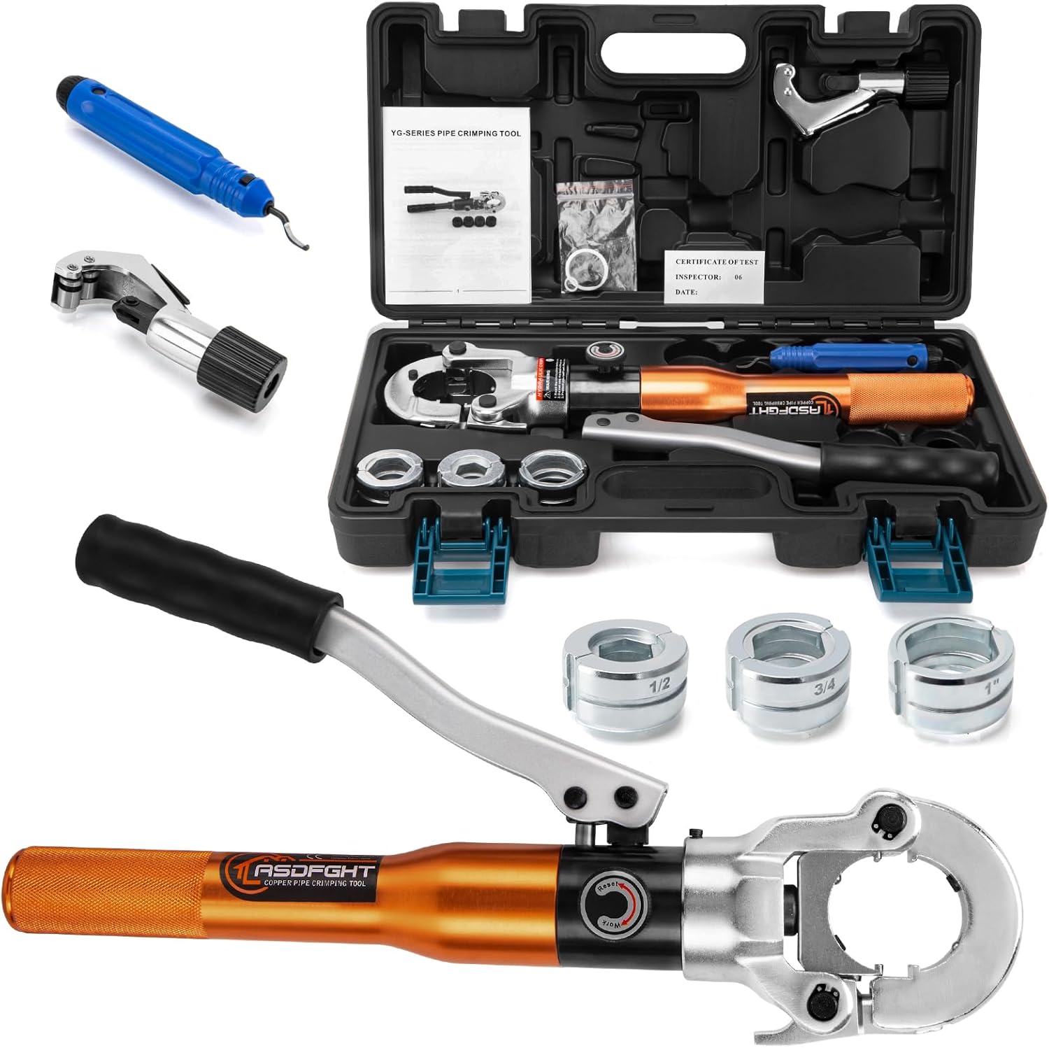 Copper Pipe Crimping Tool - with 1/2", 3/4", 1" Jaws, Copper Tube Fittings Hydraulic Pipe Crimping Tool for Pro Press, Viega Copper Pipe Fittings Crimping Tool+Pipe Cutter+Deburring tool