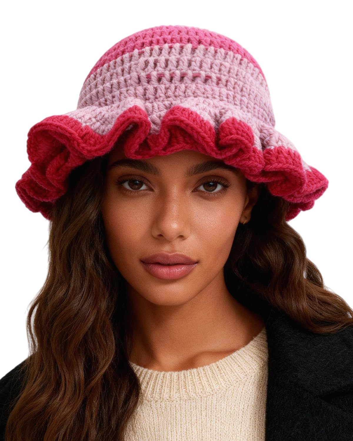 Women Crochet Bucket Hat Cute Winter Ruffled Brim Floppy Cap Handmade Knit Cloche Hats
