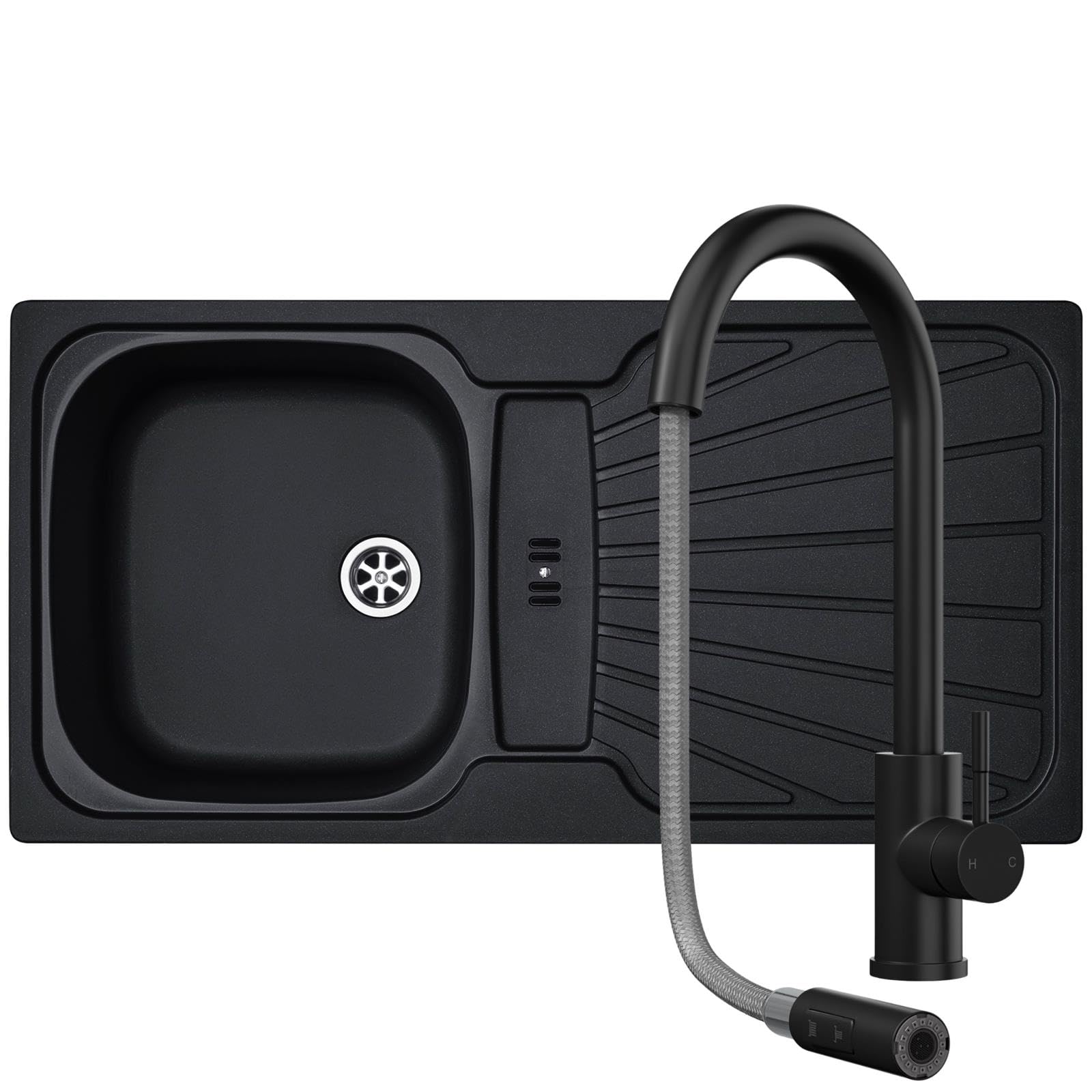 Liquida Black Cmp5bl 1.0 Bowl Kitchen Sink With Ct453mb Pull Out Tap